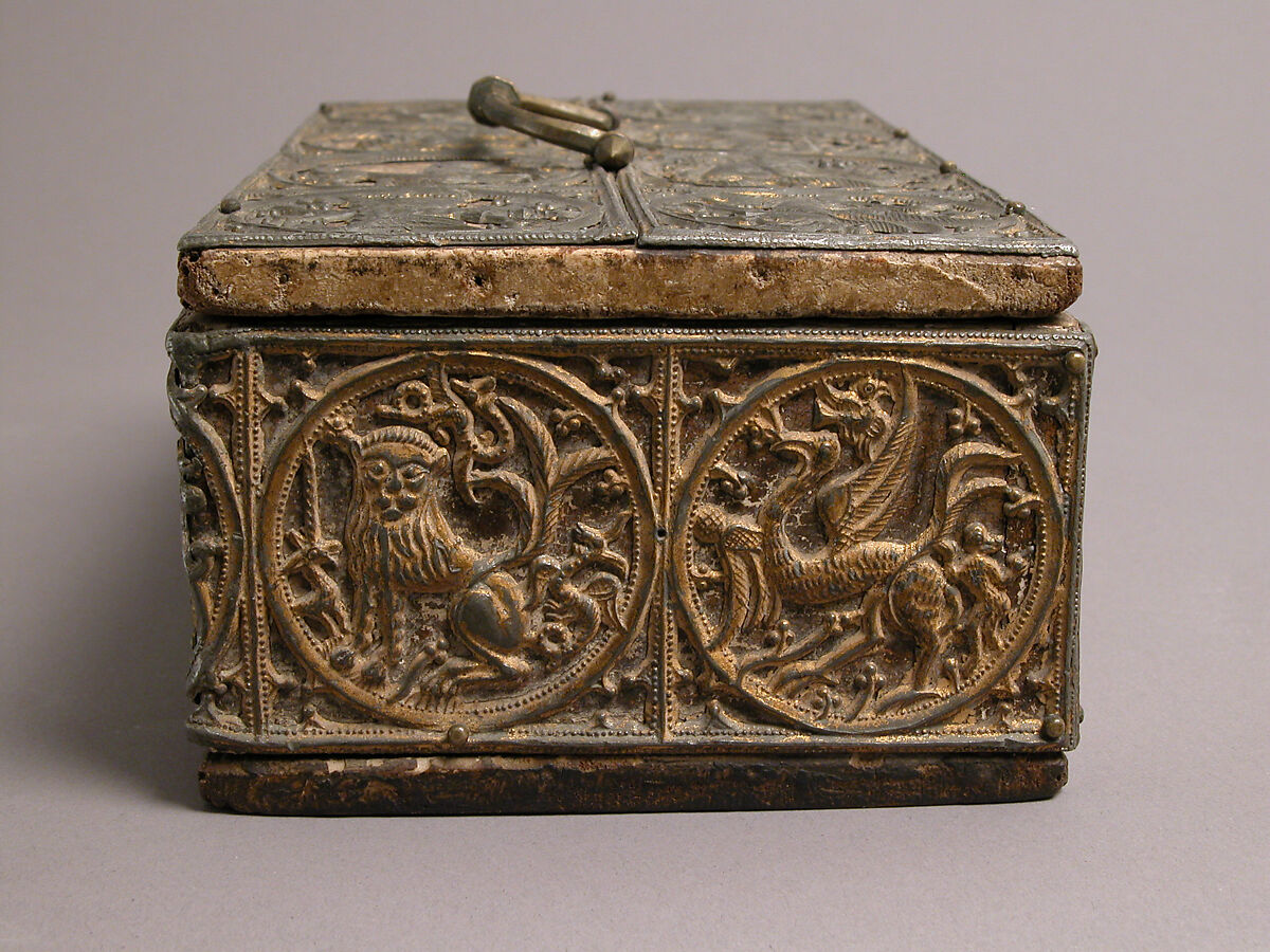 Box, Lead, gilding, wood, gesso, copper alloy handle and lock plate, traces of red textile, German