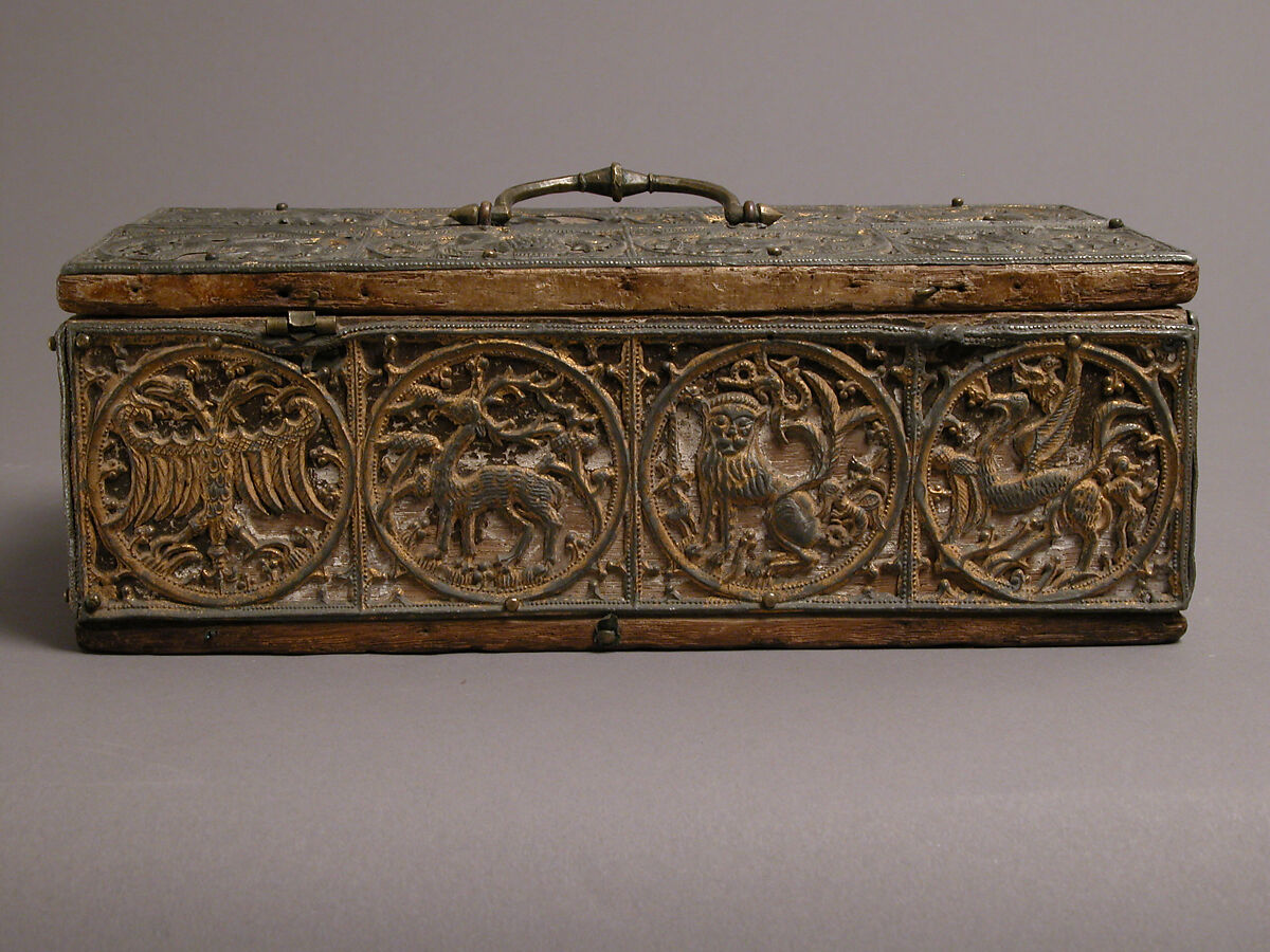 Box, Lead, gilding, wood, gesso, copper alloy handle and lock plate, traces of red textile, German
