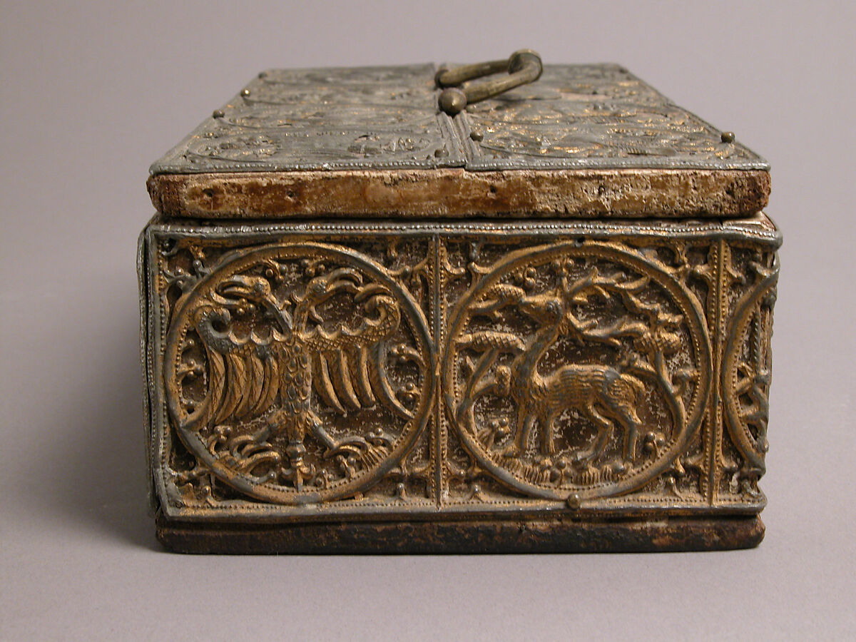 Box, Lead, gilding, wood, gesso, copper alloy handle and lock plate, traces of red textile, German