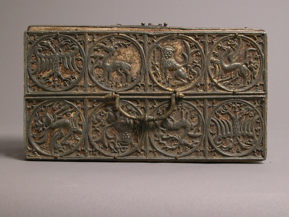 Box, Lead, gilding, wood, gesso, copper alloy handle and lock plate, traces of red textile, German