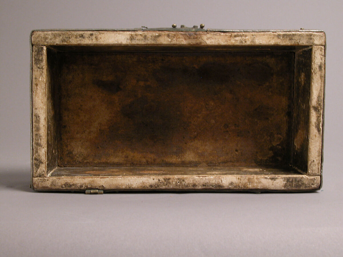 Box, Lead, gilding, wood, gesso, copper alloy handle and lock plate, traces of red textile, German