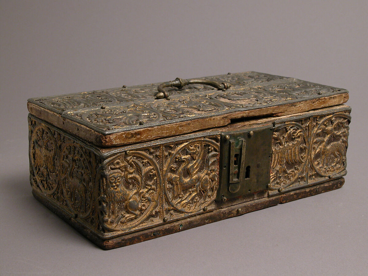Box, Lead, gilding, wood, gesso, copper alloy handle and lock plate, traces of red textile, German 