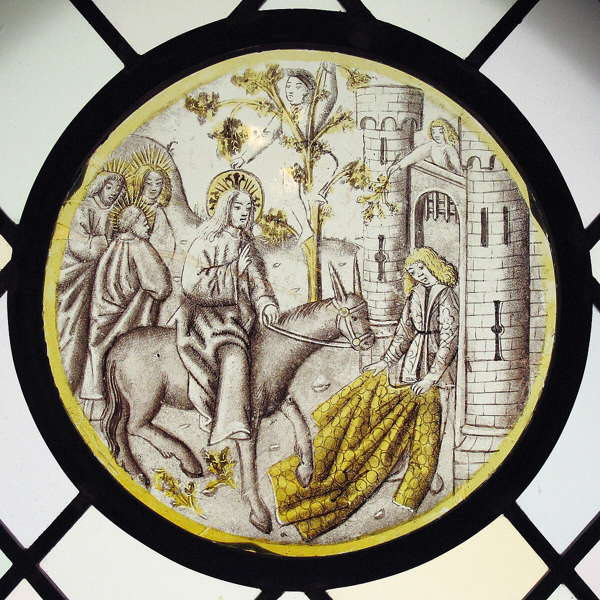 Roundel with Entry into Jerusalem, Colorless glass, vitreous paint and silver stain, German 