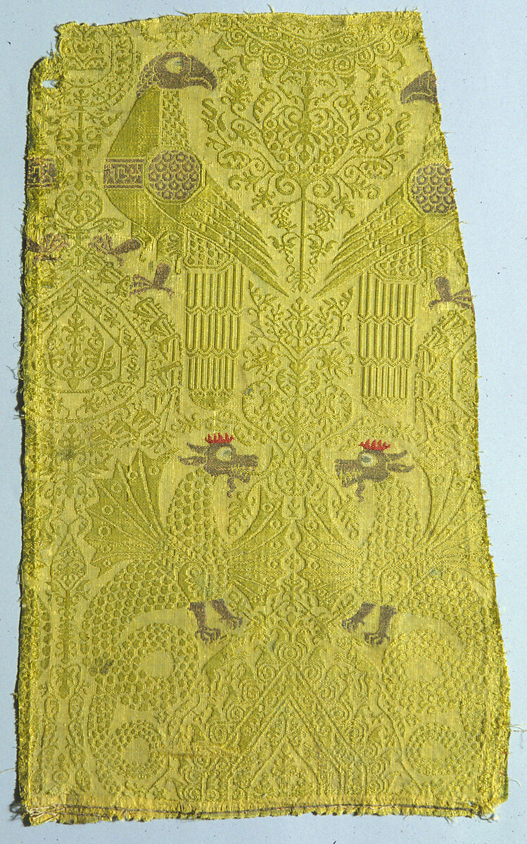 Textile Fragment with brocade with Bird, Dragon, and Palmette Motifs, Silk and metallic threads, Italian