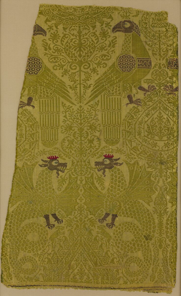 Textile Fragment with brocade with Bird, Dragon, and Palmette Motifs, Silk and metallic threads, Italian 