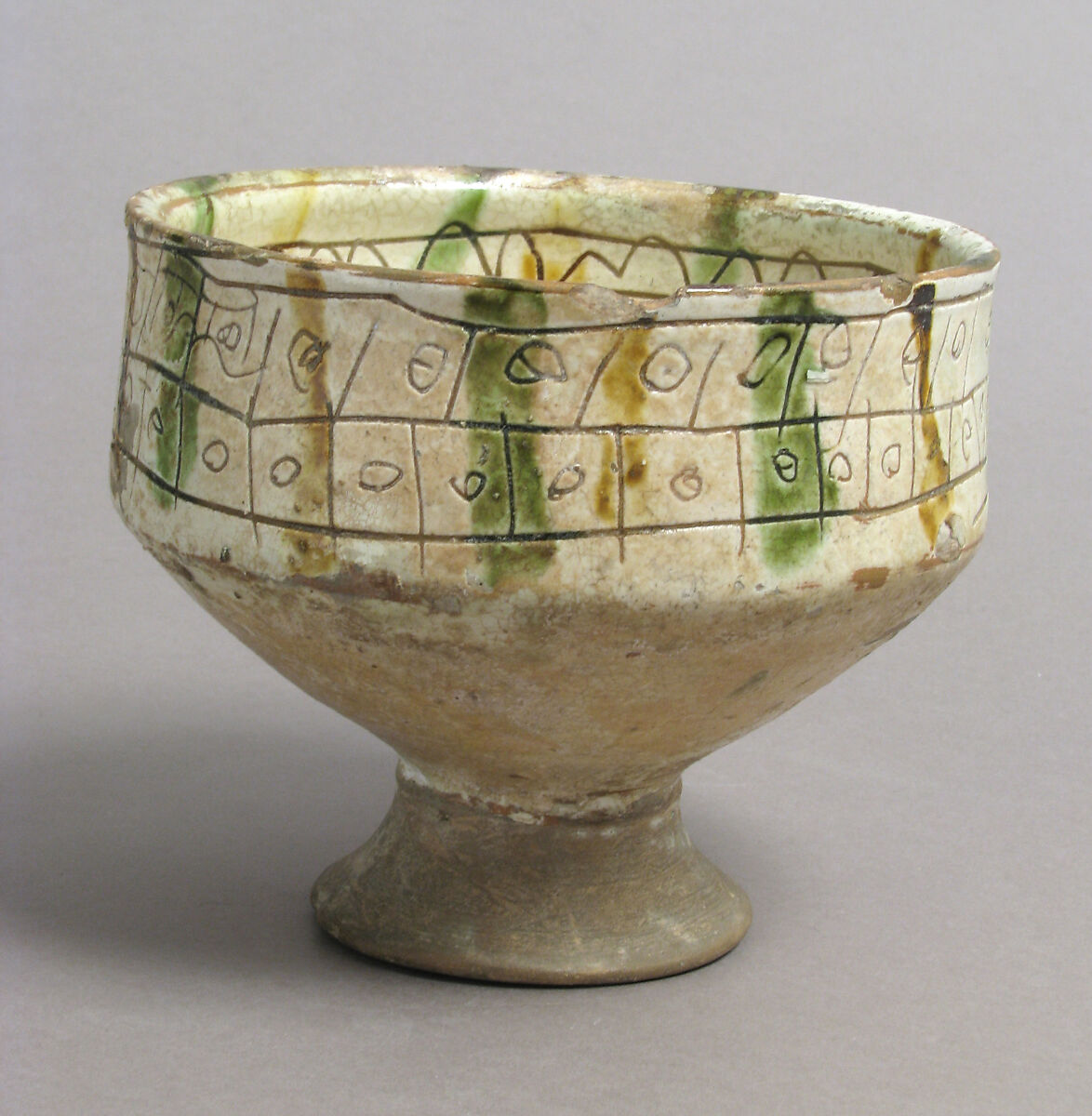 Footed Cup with Falconer, Earthenware, glazed, Byzantine
