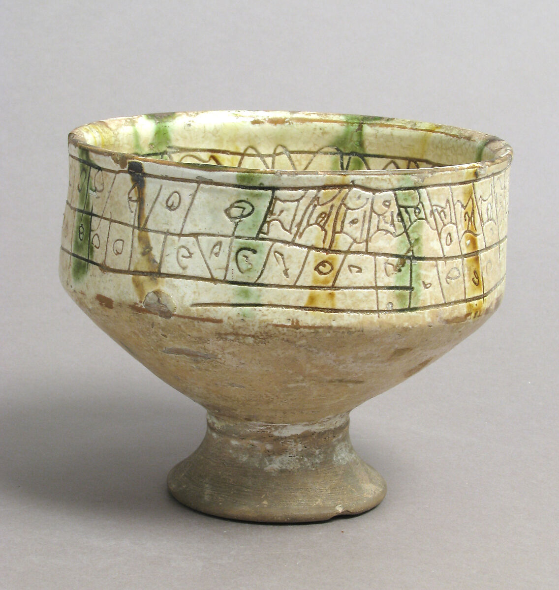 Footed Cup with Falconer, Earthenware, glazed, Byzantine