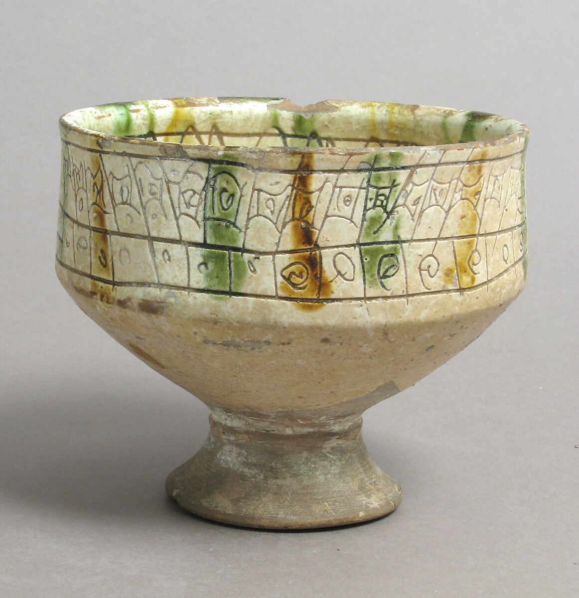 Footed Cup with Falconer, Earthenware, glazed, Byzantine