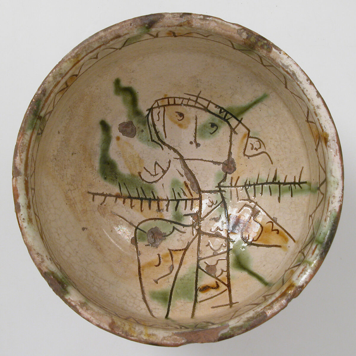 Footed Cup with Falconer, Earthenware, glazed, Byzantine