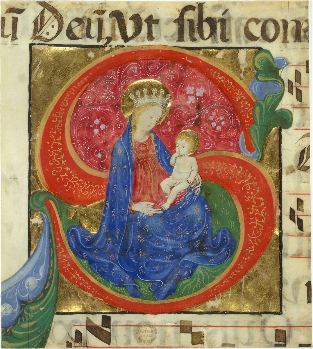 Manuscript Illumination with the Virgin and Child in an Initial S, from an Antiphonary, Master of the Franciscan Breviary (Italian, active Lombard, ca. 1440–60), Tempera, ink, and gold on parchment, Italian 