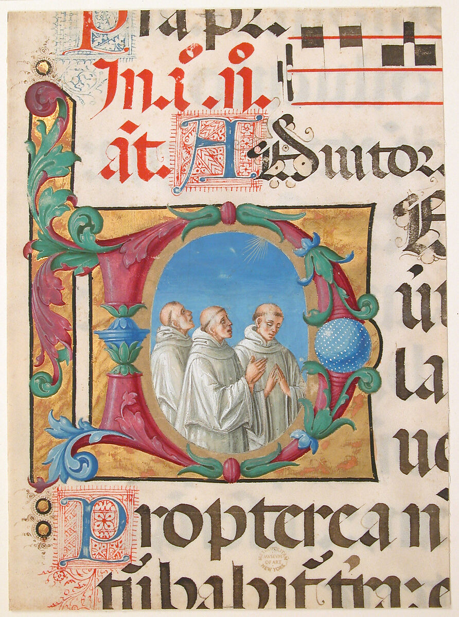 Manuscript Illumination with Singing Monks in an Initial D, from a Psalter, Girolamo dai Libri (Italian, Verona 1474–1555 Verona), Tempera, ink, and gold on parchment, Italian 