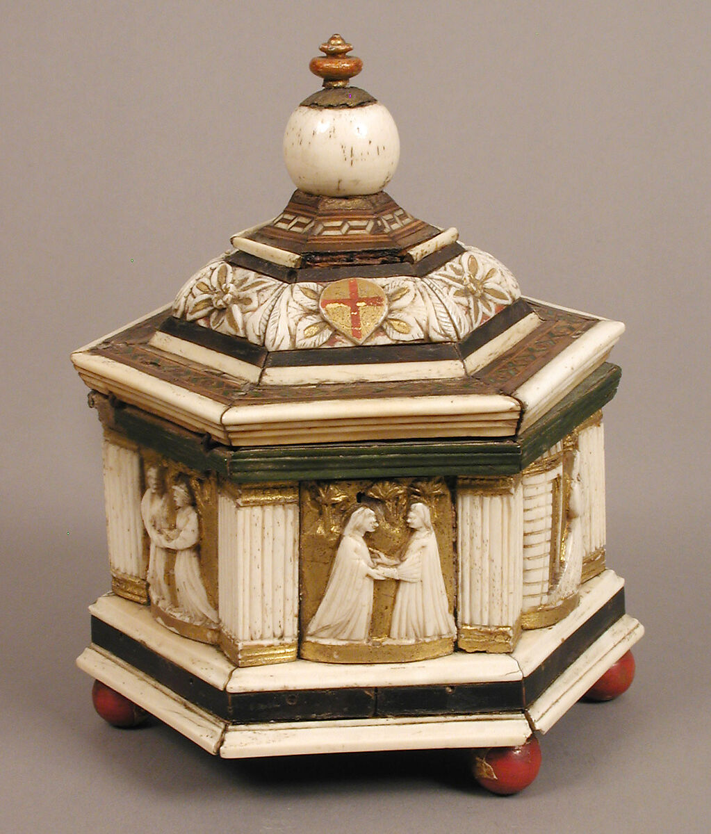 Hexagonal Casket, North Italian Workshop, Wood, bone, paint, gilding, iron, velvet, and metal-wrapped textile, North Italian 