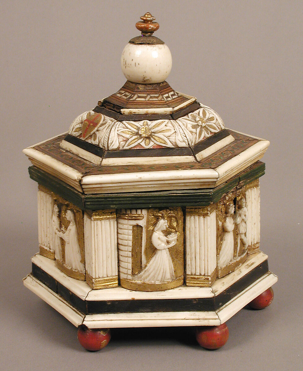 Hexagonal Casket, North Italian Workshop, Wood, bone, paint, gilding, iron, velvet, and metal-wrapped textile, North Italian