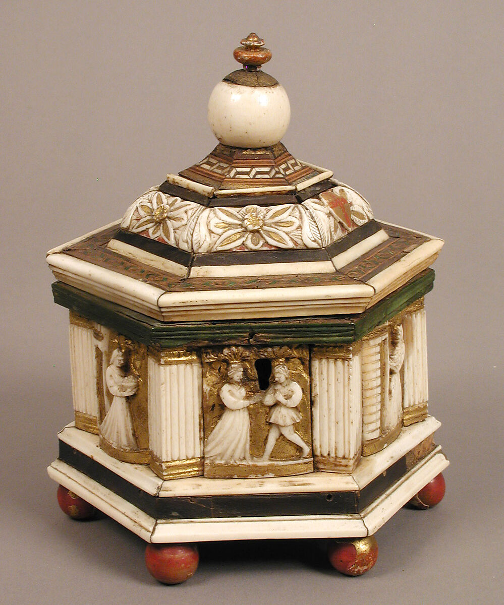 Hexagonal Casket, North Italian Workshop, Wood, bone, paint, gilding, iron, velvet, and metal-wrapped textile, North Italian