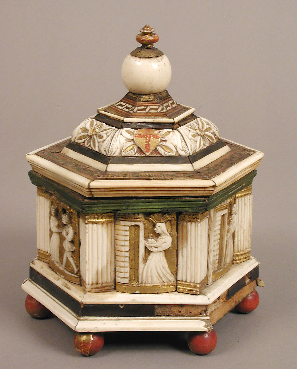 Hexagonal Casket, North Italian Workshop, Wood, bone, paint, gilding, iron, velvet, and metal-wrapped textile, North Italian