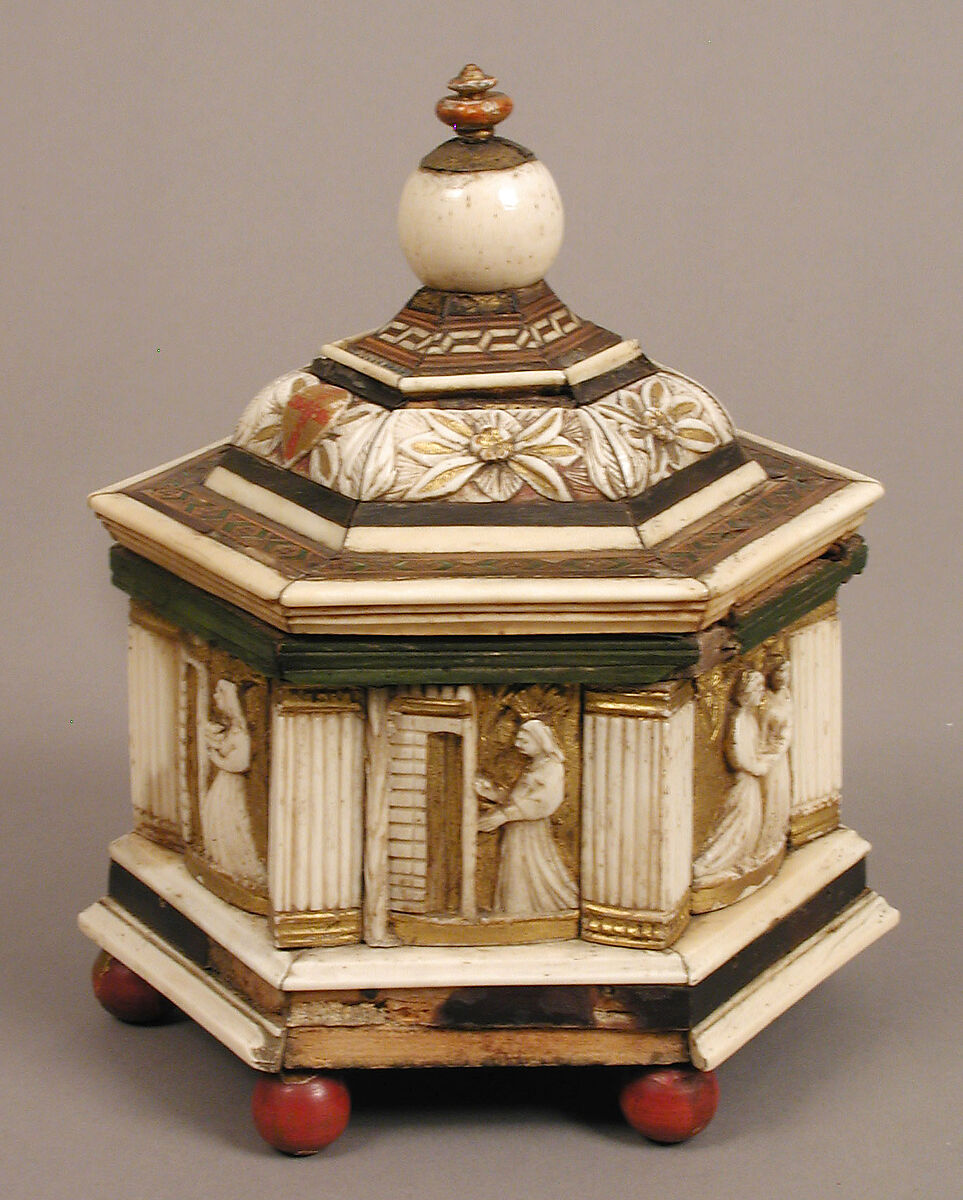 Hexagonal Casket, North Italian Workshop, Wood, bone, paint, gilding, iron, velvet, and metal-wrapped textile, North Italian