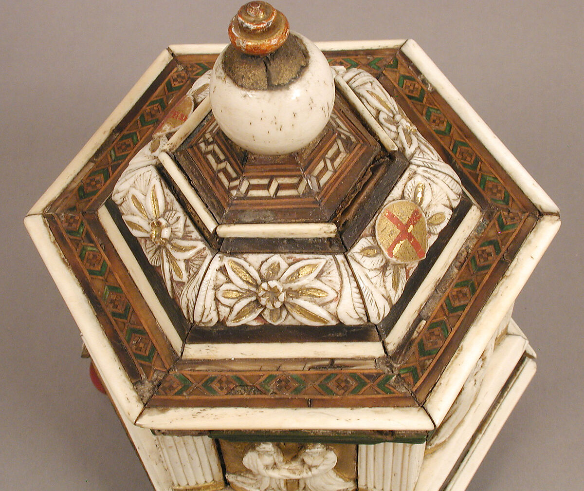 Hexagonal Casket, North Italian Workshop, Wood, bone, paint, gilding, iron, velvet, and metal-wrapped textile, North Italian