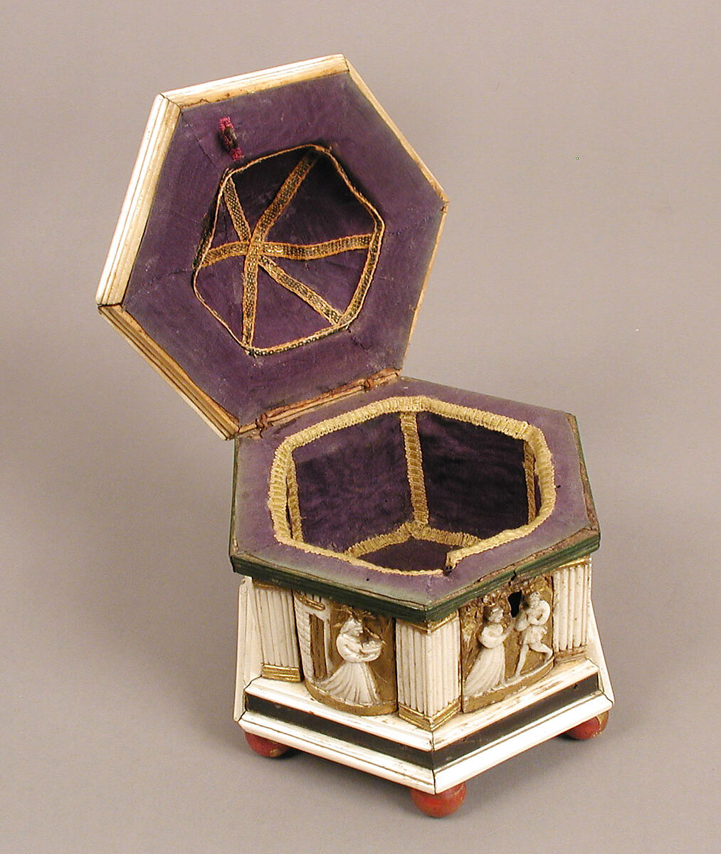 Hexagonal Casket, North Italian Workshop, Wood, bone, paint, gilding, iron, velvet, and metal-wrapped textile, North Italian
