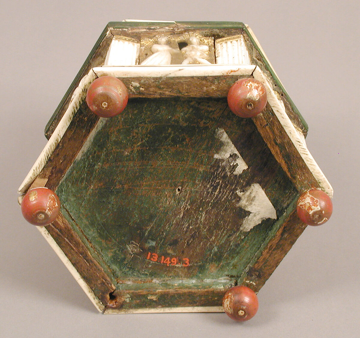 Hexagonal Casket, North Italian Workshop, Wood, bone, paint, gilding, iron, velvet, and metal-wrapped textile, North Italian