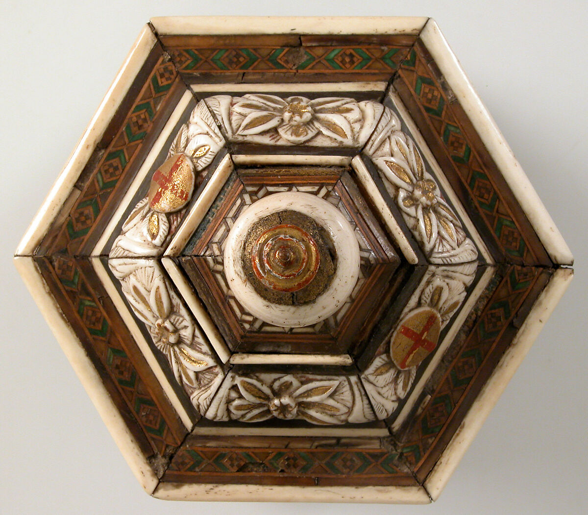 Hexagonal Casket, North Italian Workshop, Wood, bone, paint, gilding, iron, velvet, and metal-wrapped textile, North Italian