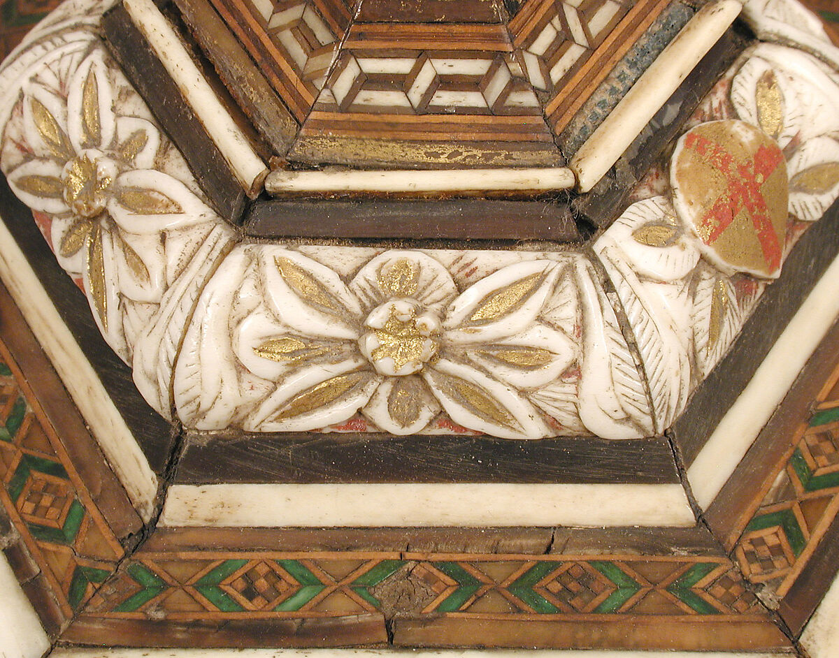 Hexagonal Casket, North Italian Workshop, Wood, bone, paint, gilding, iron, velvet, and metal-wrapped textile, North Italian