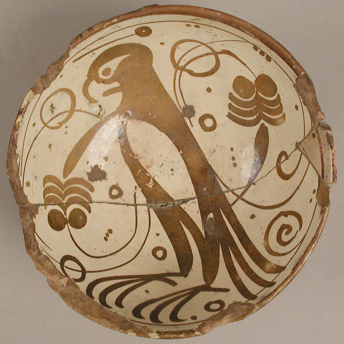 Bowl, Earthenware, tin-glaze (lusterware) (from cat. card: lustred faience, gold and brown), Spanish 
