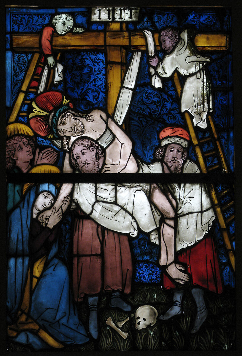 Stained Glass Panel with the Deposition, Pot metal, white glass, vitreous paint, German 