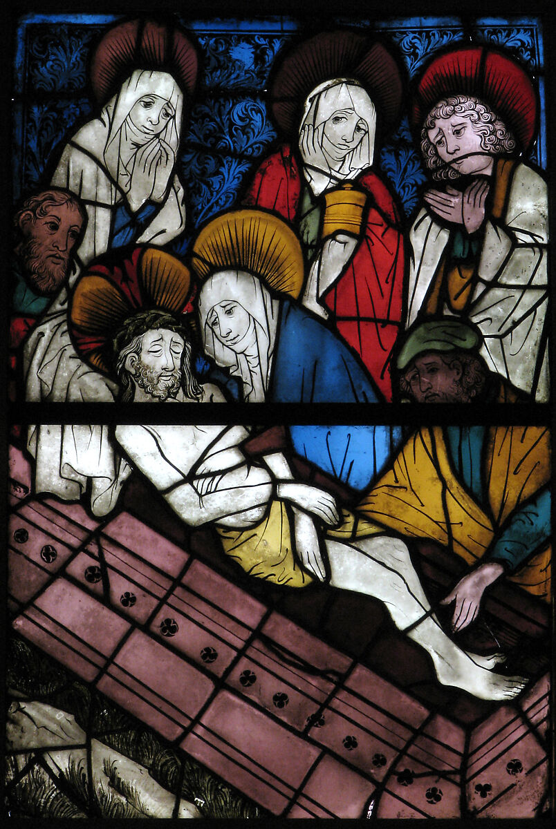 Stained Glass Panel with the Entombment, Pot metal, white glass, vitreous paint, silver stain, German 