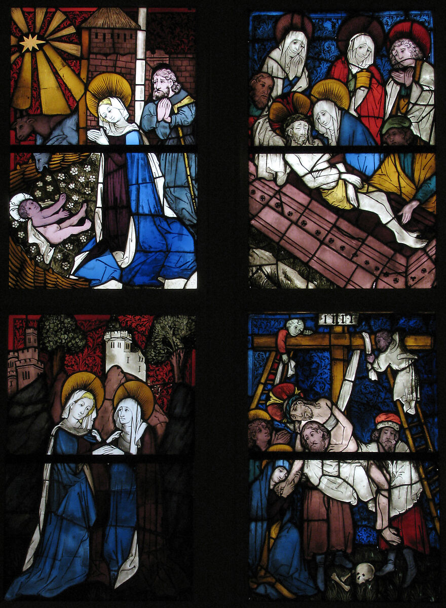 Stained Glass Panel with the Visitation, Pot metal, white glass, vitreous paint, silver stain, olive-green enamel, German