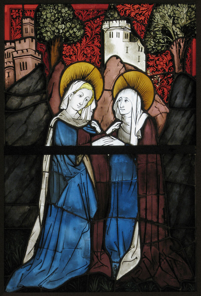 Stained Glass Panel with the Visitation, Pot metal, white glass, vitreous paint, silver stain, olive-green enamel, German