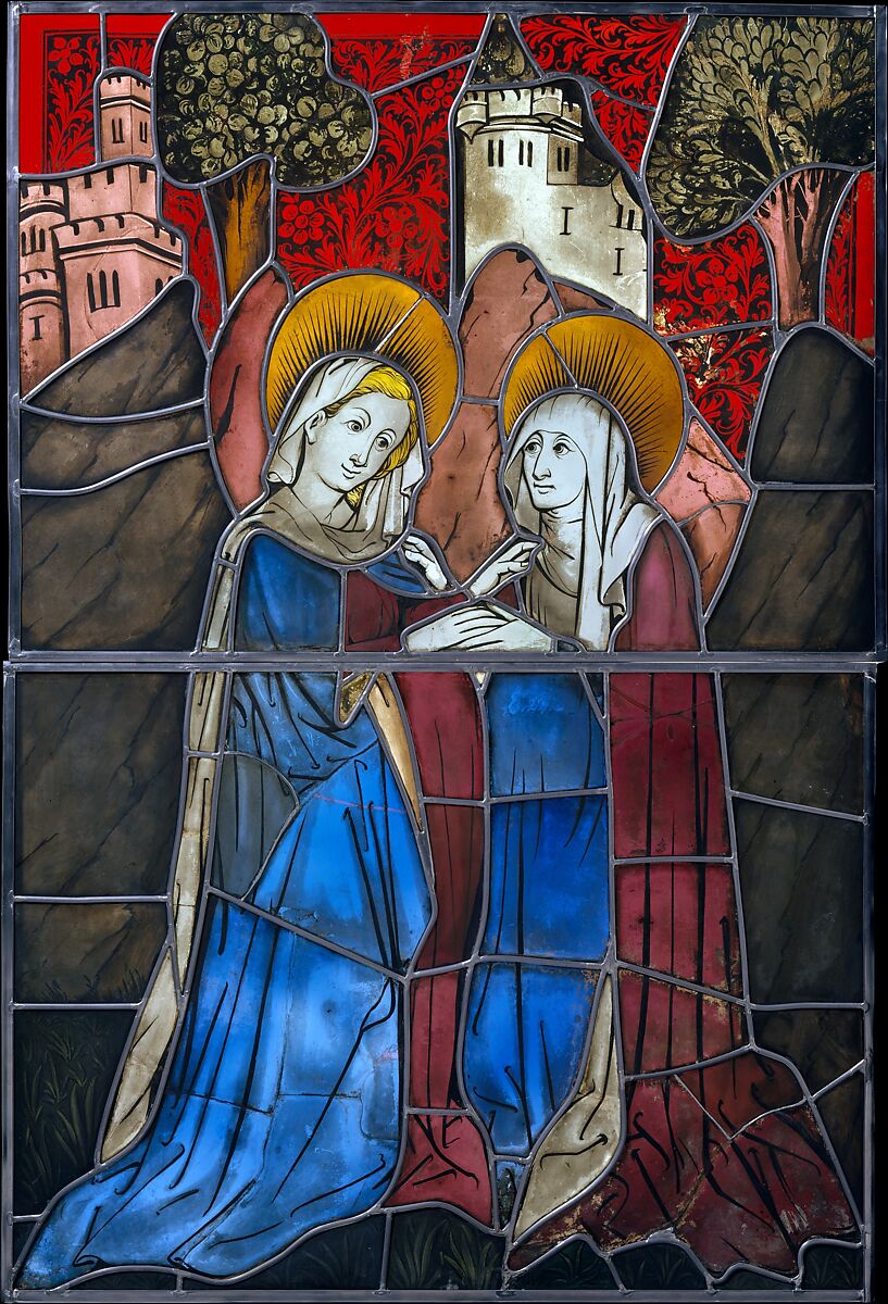 Stained Glass Panel with the Visitation, Pot metal, white glass, vitreous paint, silver stain, olive-green enamel, German 