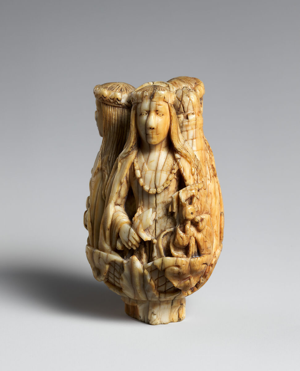 Rosary Terminal Bead with the Virgin and Child, Saint Barbara, and Saint Catherine, Elephant ivory, French (?)