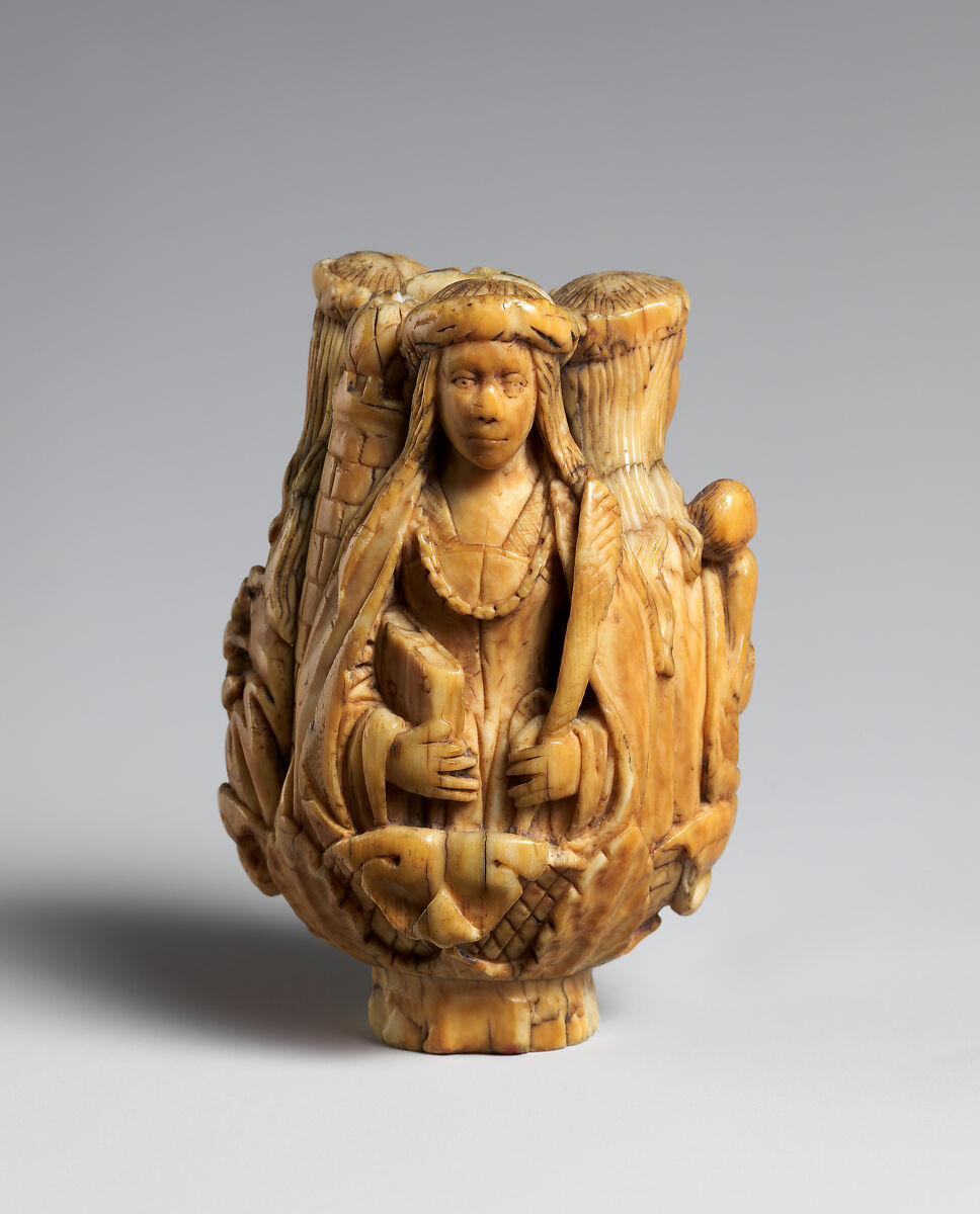 Rosary Terminal Bead with the Virgin and Child, Saint Barbara, and Saint Catherine, Elephant ivory, French (?)