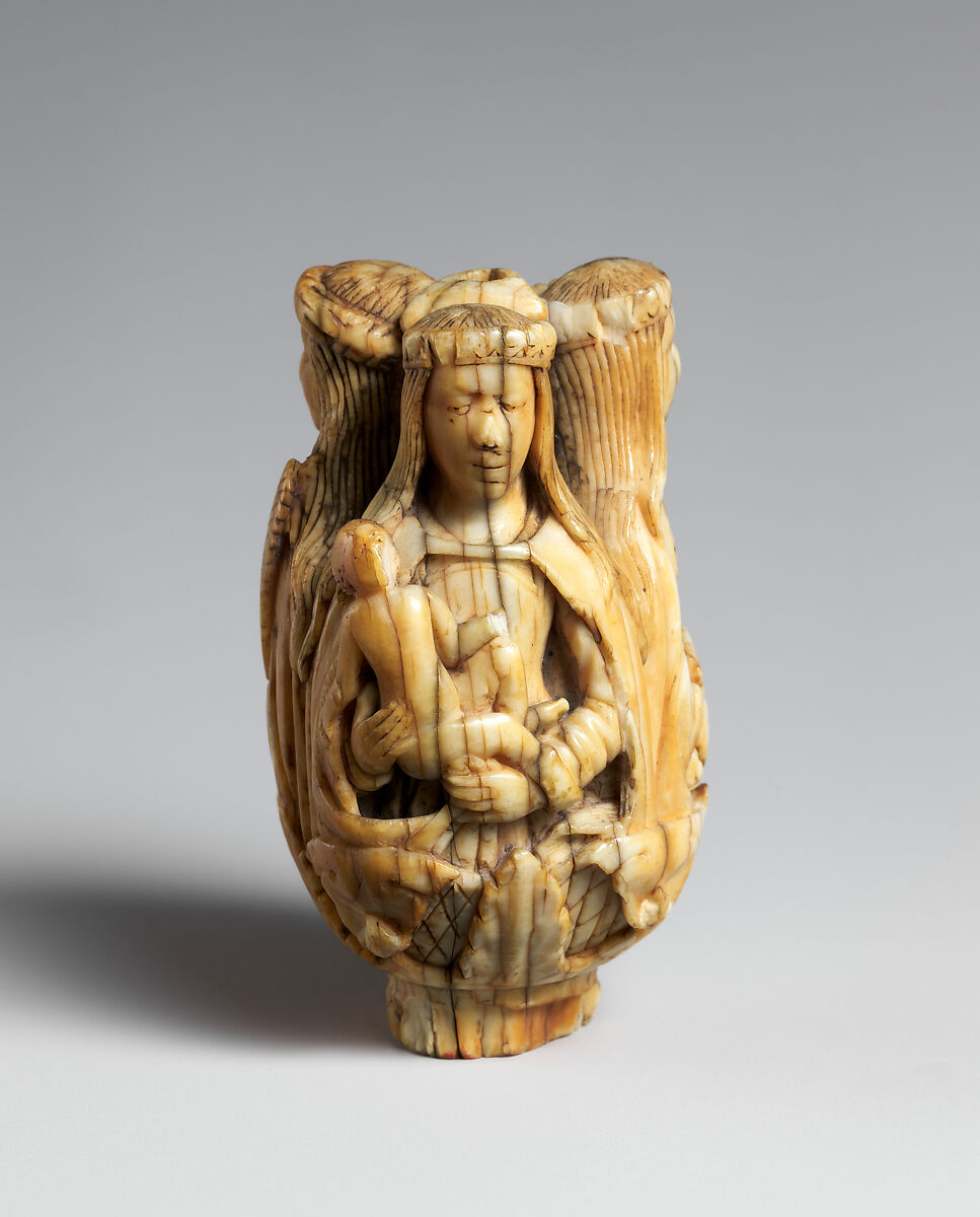 Rosary Terminal Bead with the Virgin and Child, Saint Barbara, and Saint Catherine, Elephant ivory, French (?) 