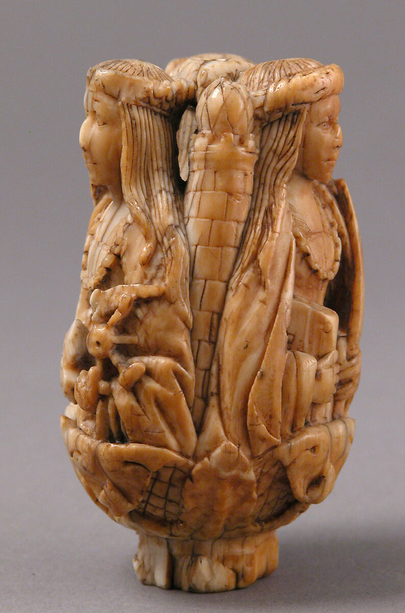 Rosary Terminal Bead with the Virgin and Child, Saint Barbara, and Saint Catherine, Elephant ivory, French (?)