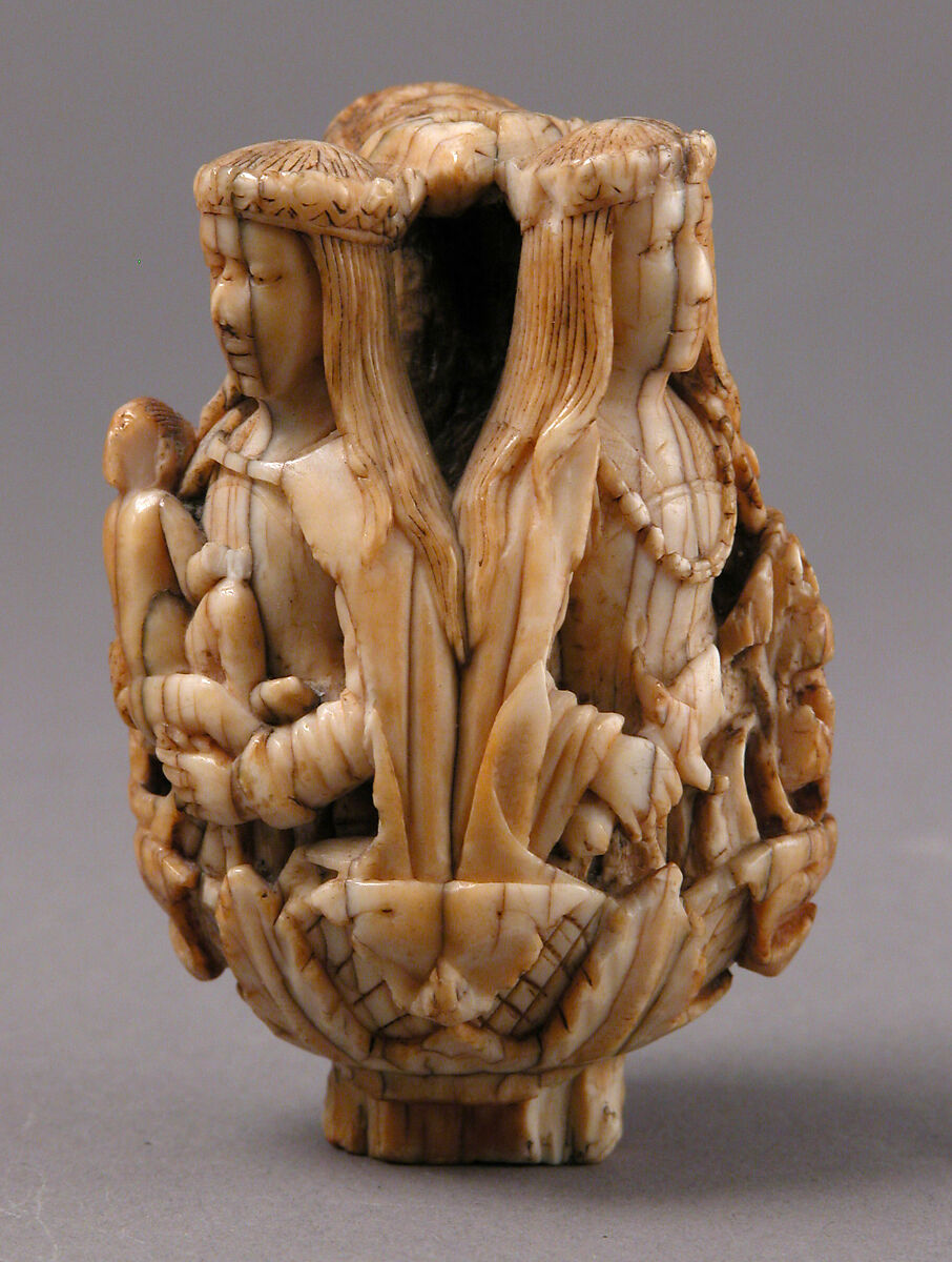 Rosary Terminal Bead with the Virgin and Child, Saint Barbara, and Saint Catherine, Elephant ivory, French (?)