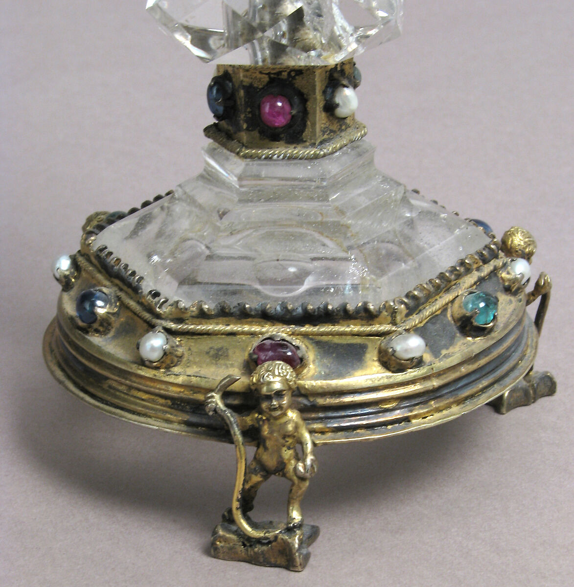 Covered Cup, Rock crystal, gilt silver, glass cabochons and pearls, German