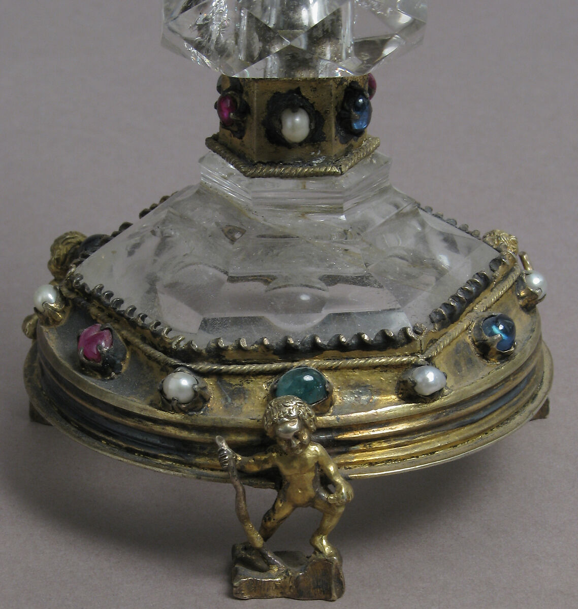 Covered Cup, Rock crystal, gilt silver, glass cabochons and pearls, German