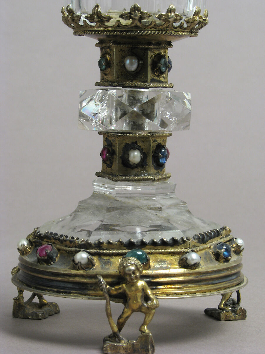 Covered Cup, Rock crystal, gilt silver, glass cabochons and pearls, German