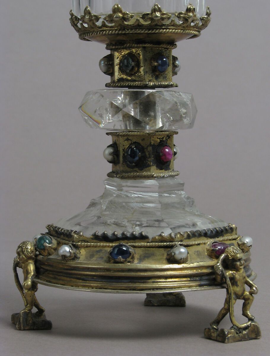 Covered Cup, Rock crystal, gilt silver, glass cabochons and pearls, German