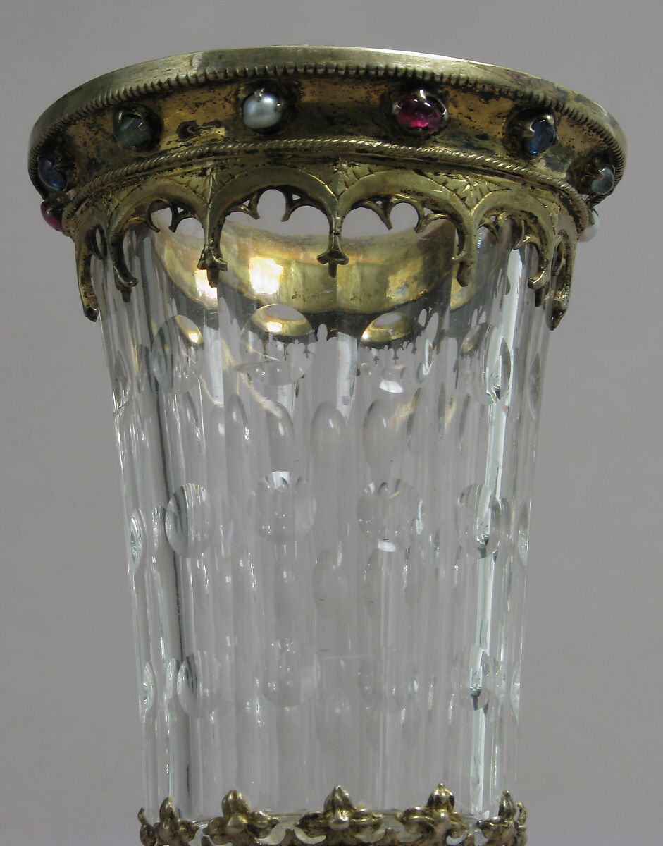 Covered Cup, Rock crystal, gilt silver, glass cabochons and pearls, German