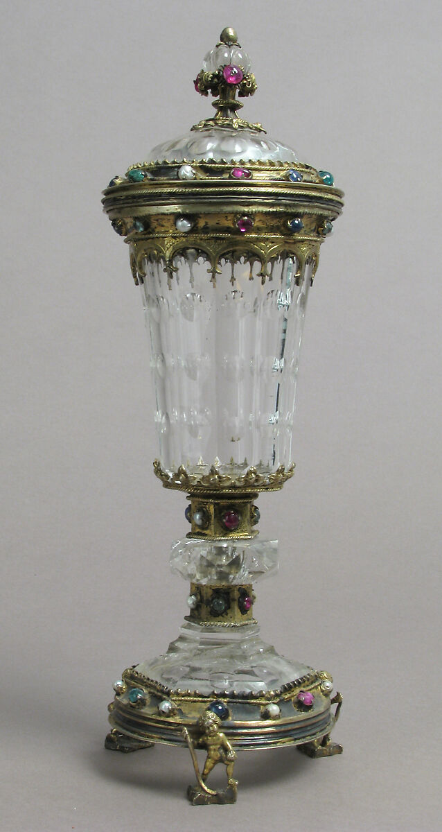 Covered Cup, Rock crystal, gilt silver, glass cabochons and pearls, German 