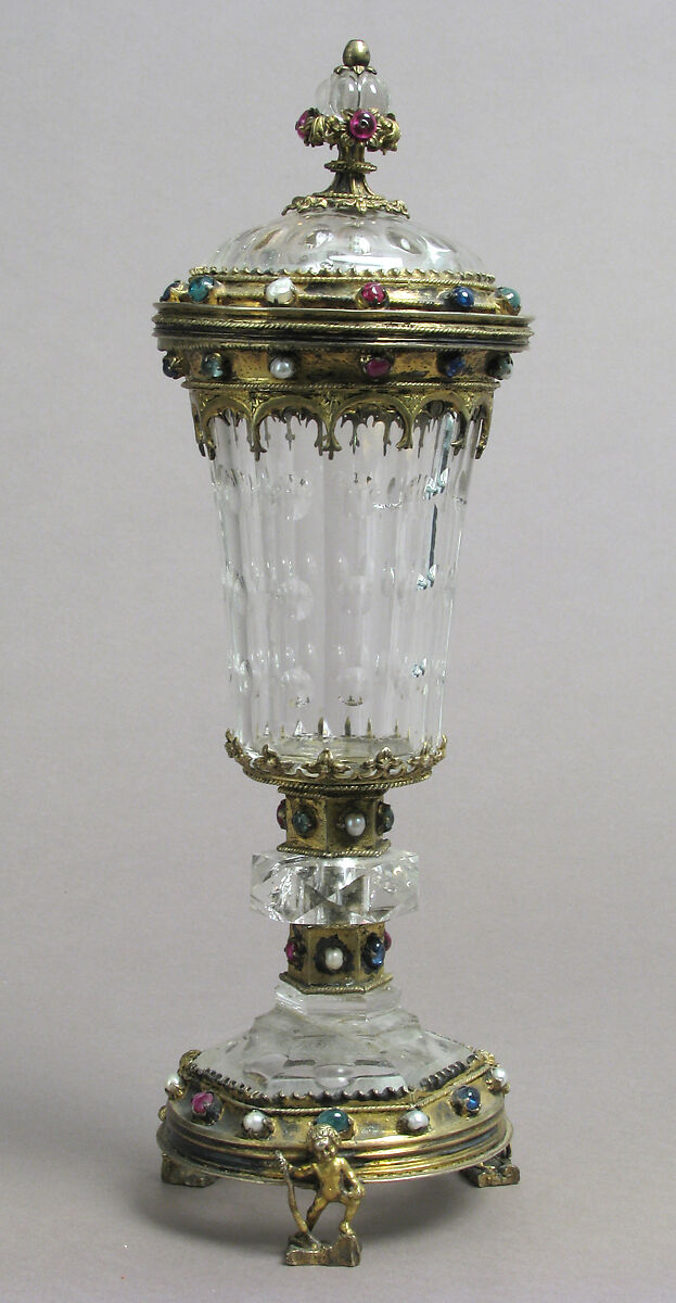 Covered Cup, Rock crystal, gilt silver, glass cabochons and pearls, German