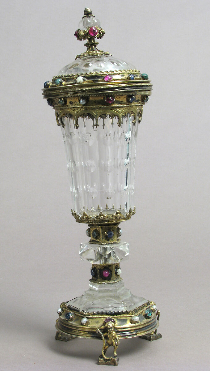 Covered Cup, Rock crystal, gilt silver, glass cabochons and pearls, German