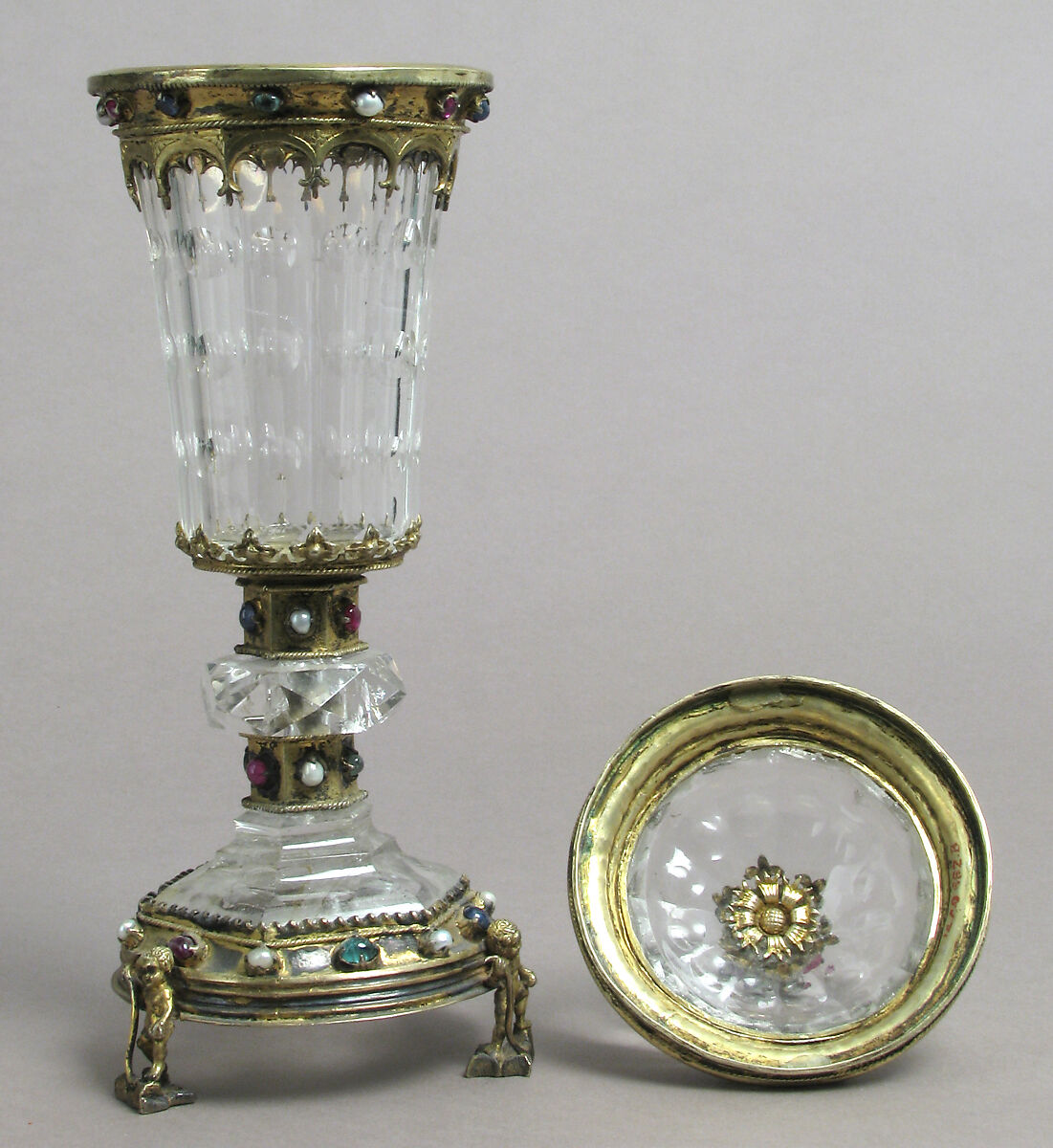 Covered Cup, Rock crystal, gilt silver, glass cabochons and pearls, German