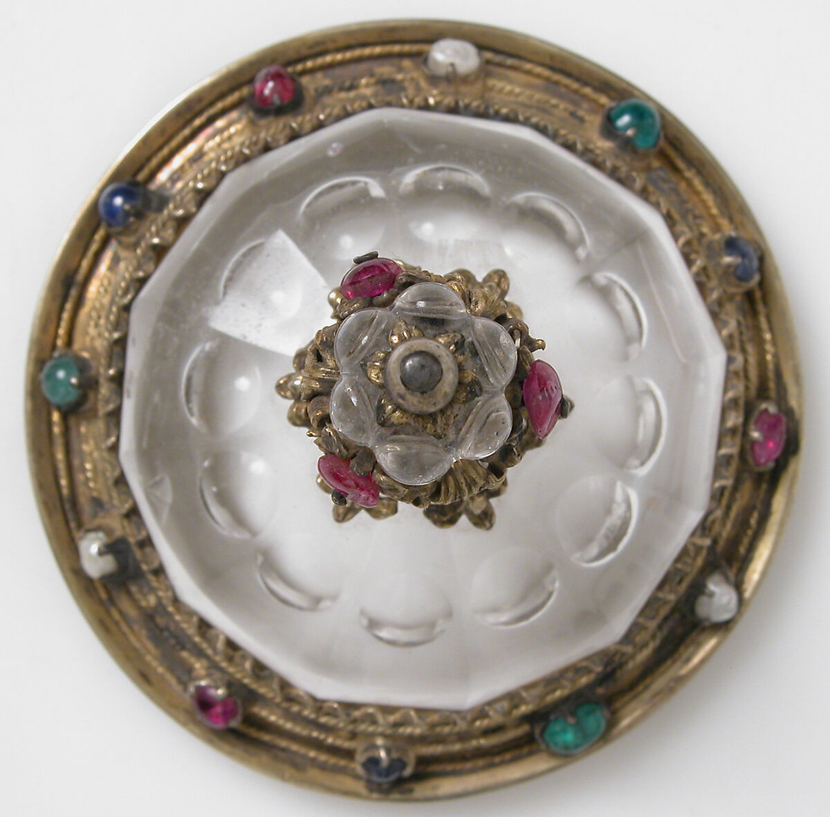 Covered Cup, Rock crystal, gilt silver, glass cabochons and pearls, German