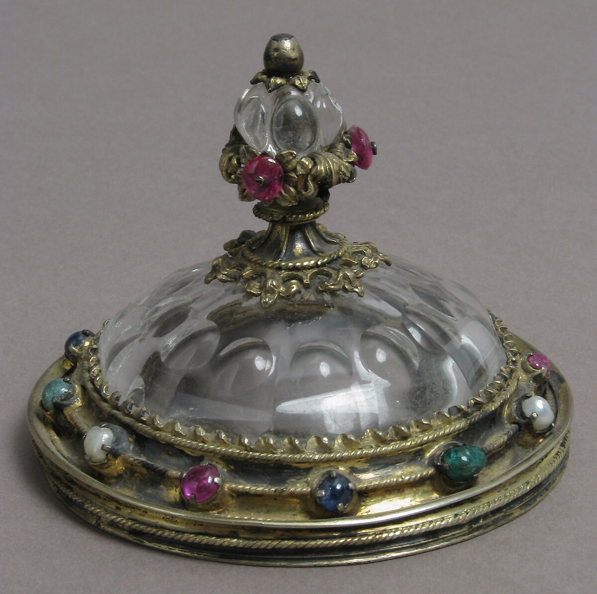 Covered Cup, Rock crystal, gilt silver, glass cabochons and pearls, German