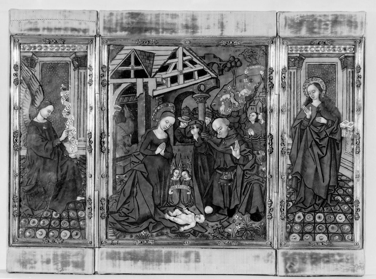 Three plaques from a triptych with the Adoration of the Shepherds, Flanked by the Angel Gabriel and the Virgin Annunciate, Workshop of Master of the Triptych of Louis XII (ca. 1490–ca. 1515), Painted enamel, copper, French