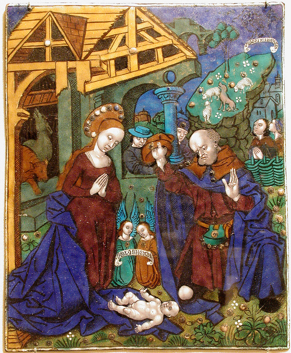 Three plaques from a triptych with the Adoration of the Shepherds, Flanked by the Angel Gabriel and the Virgin Annunciate, Workshop of Master of the Triptych of Louis XII (ca. 1490–ca. 1515), Painted enamel, copper, French