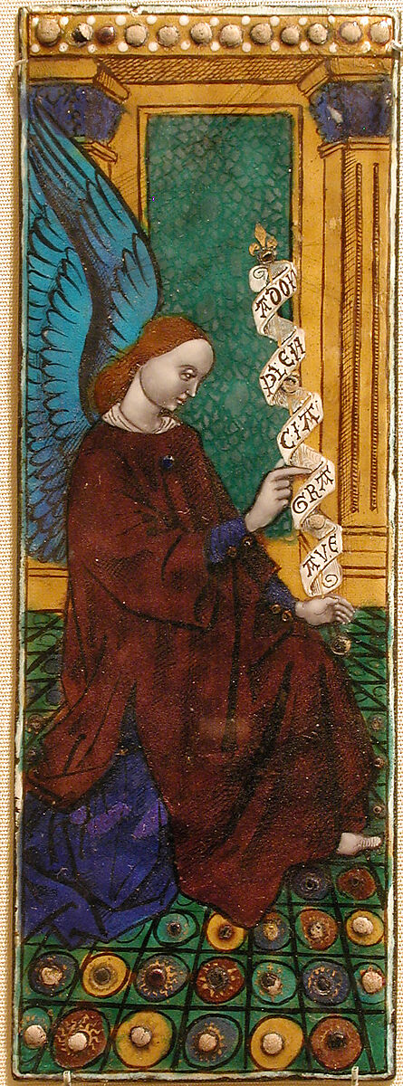 Three plaques from a triptych with the Adoration of the Shepherds, Flanked by the Angel Gabriel and the Virgin Annunciate, Workshop of Master of the Triptych of Louis XII (ca. 1490–ca. 1515), Painted enamel, copper, French